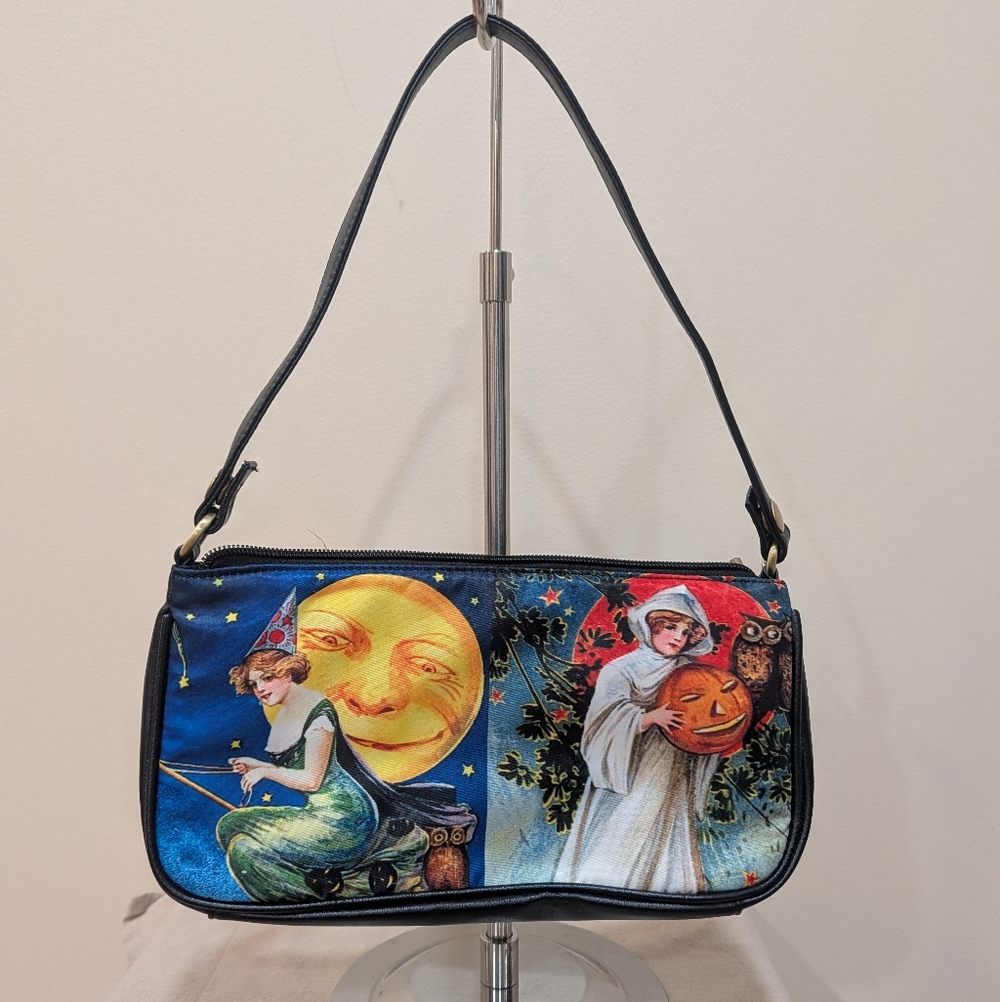 Vintage-Inspired Women's Bag with Moon and Witch Design